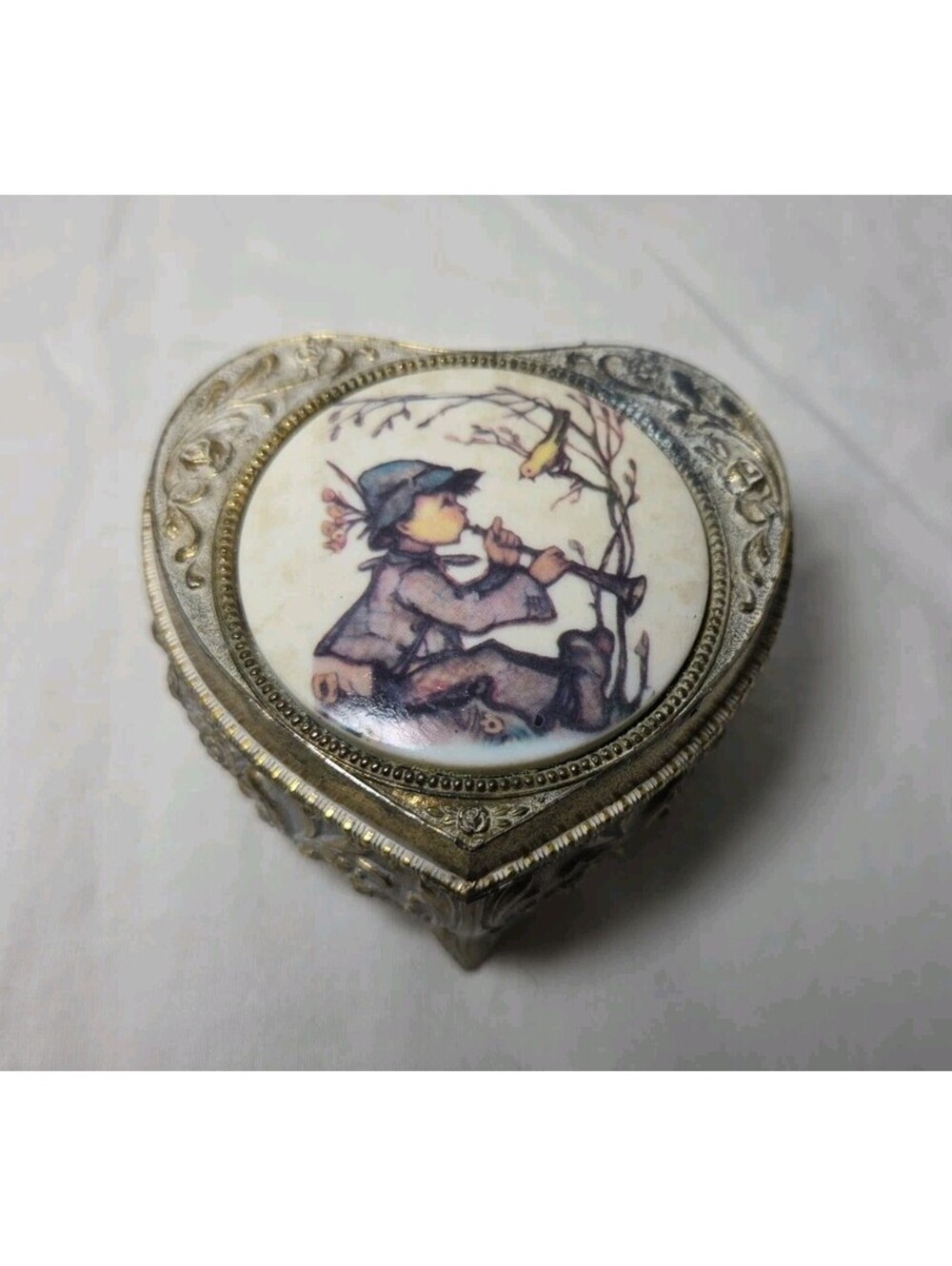 Vintage Hummel Footed Jewelry Box Trinket Box Heart Shape Boy w Bird Flute Japan